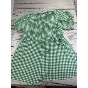 Old Navy Womens 4X Wrap Dress Green Gingham Check Linen Blend  Puff Sleeve NWT